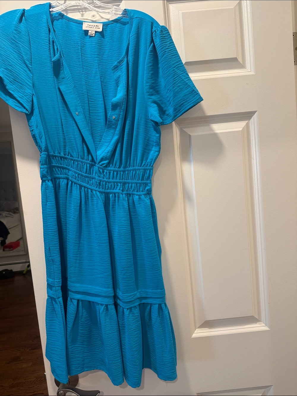 Tahari Bright Teal Short Sleeve Tiered V-Neck Dress